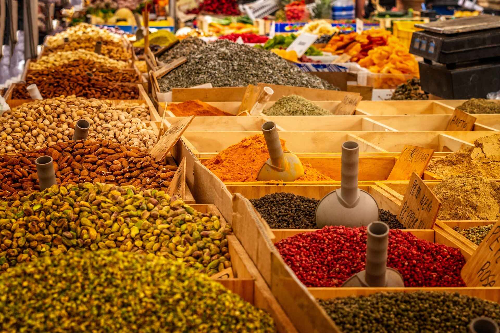 Different kinds spices in an Indian market