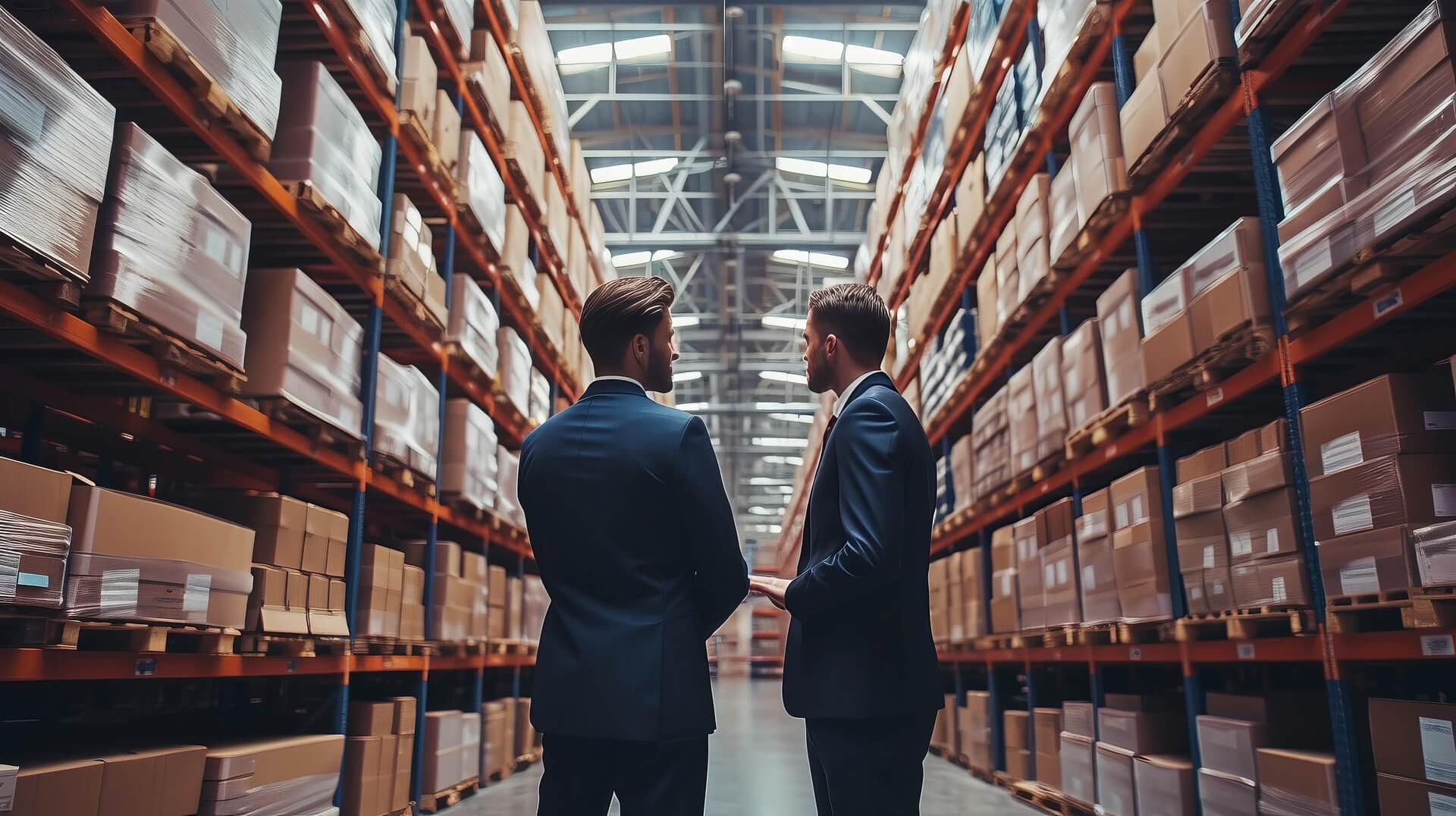 Two men in suit in a warehouse