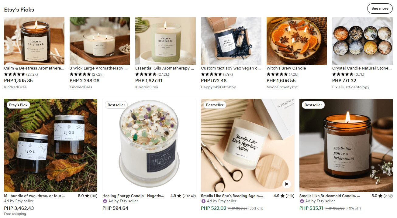 Etsy page for candles