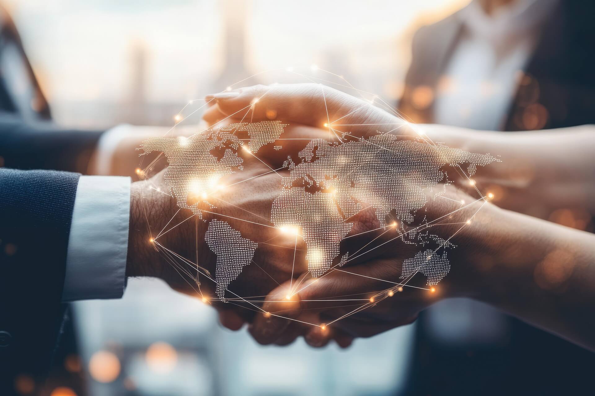 handshake with an illustration of global commerce