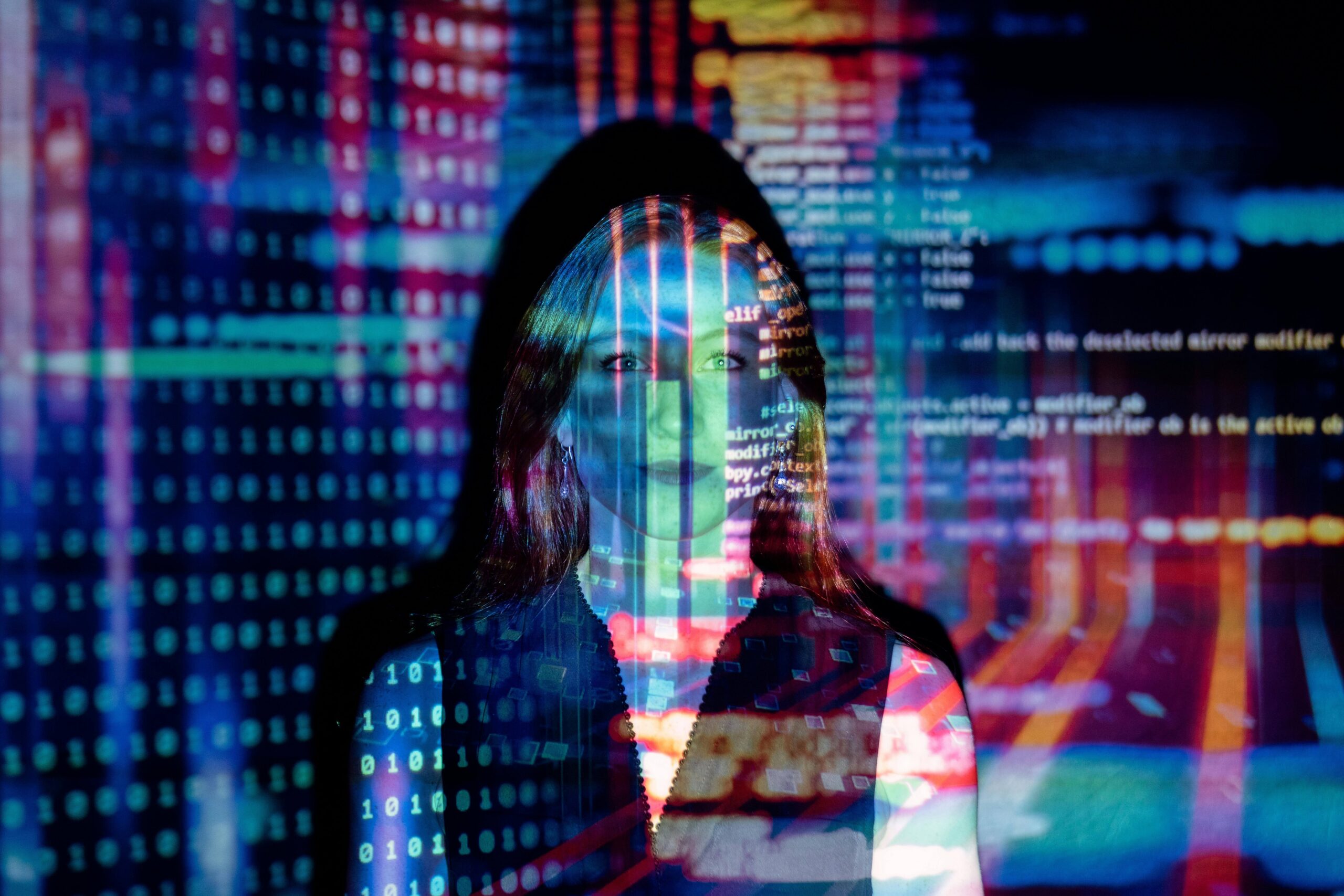 woman with codes projected on her face