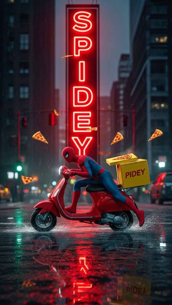 Spriderman delivering food on a scooter